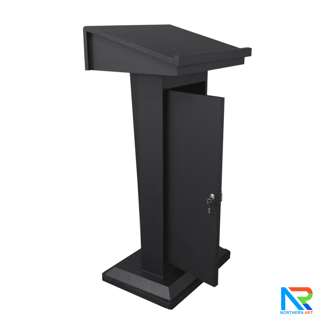 โพเดียมไม้ สีดำ ทรงโมเดิร์น TOP เอียง ขนาด (W)58 x (L)46 cm. สูง 114 cm. พร้อมตู้ใส่ของ มีกุญแจล็อค