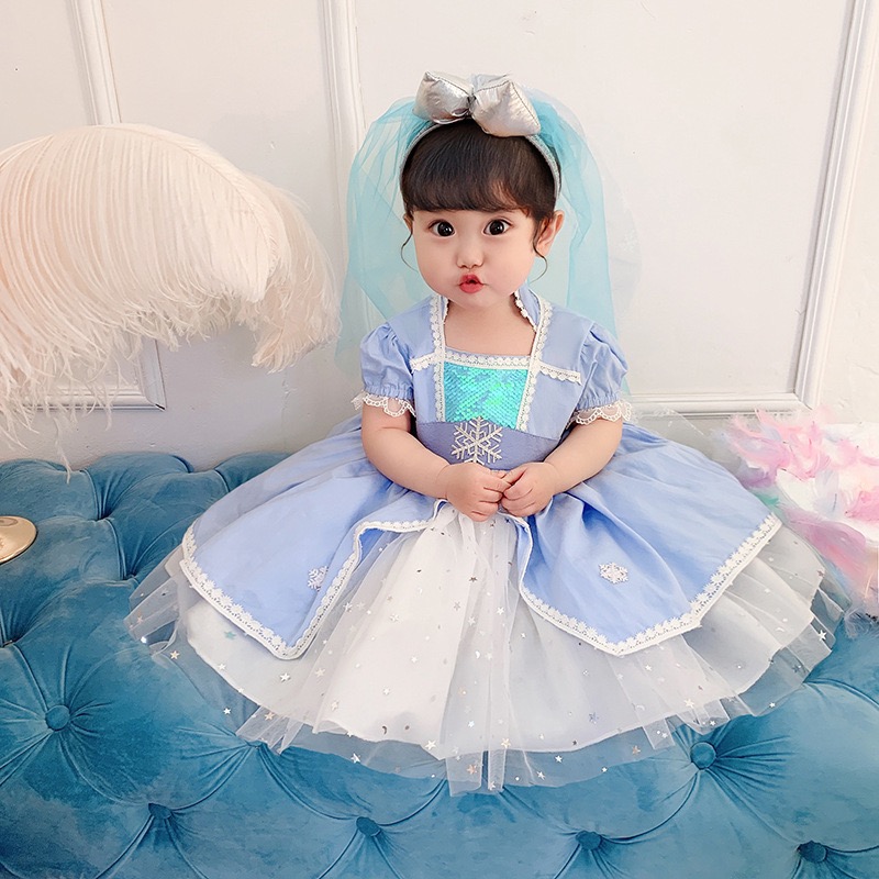 ชุดเจ้าหญิงเอลซ่า ภาค 2 รุ่นเด็กเล็ก สีฟ้าครามคอสี่เหลี่ยมเดินเส้นลูกไม้สีขาว