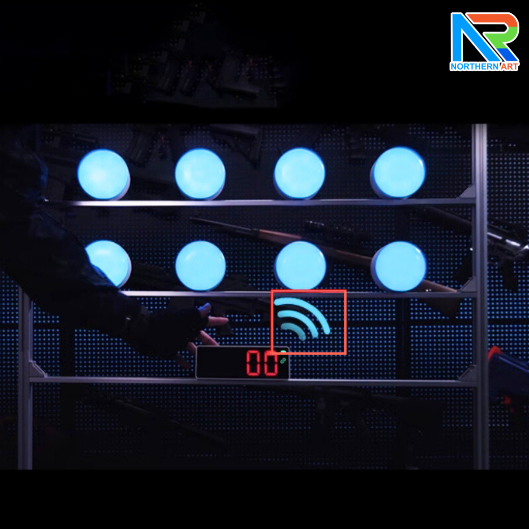เป้าไฟฟ้าไร้สาย Wireless electronic scoring target เป้าไฟ LED 8 ดวง พร้อมตัวคอนโทรลแสดงผล LED ปืนกระสุนเจล 2 กระบอก