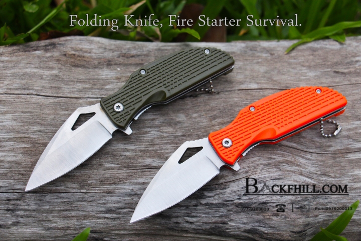 มีดพับจุดไฟยามฉุกเฉิน Folding Knife, Fire Starter Survival.ด้ามส้ม