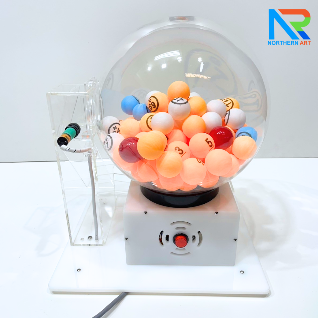 เกมส์จับฉลากไฟฟ้าทรงกลม ตั้งโต๊ะ ขนาด (W)35 X (L)30 X (H)45 cm. ตัวเกมส์หมุนเองอัตโนมัติ พร้อมระบบเซ็นเซอร์จับลูกบอล
