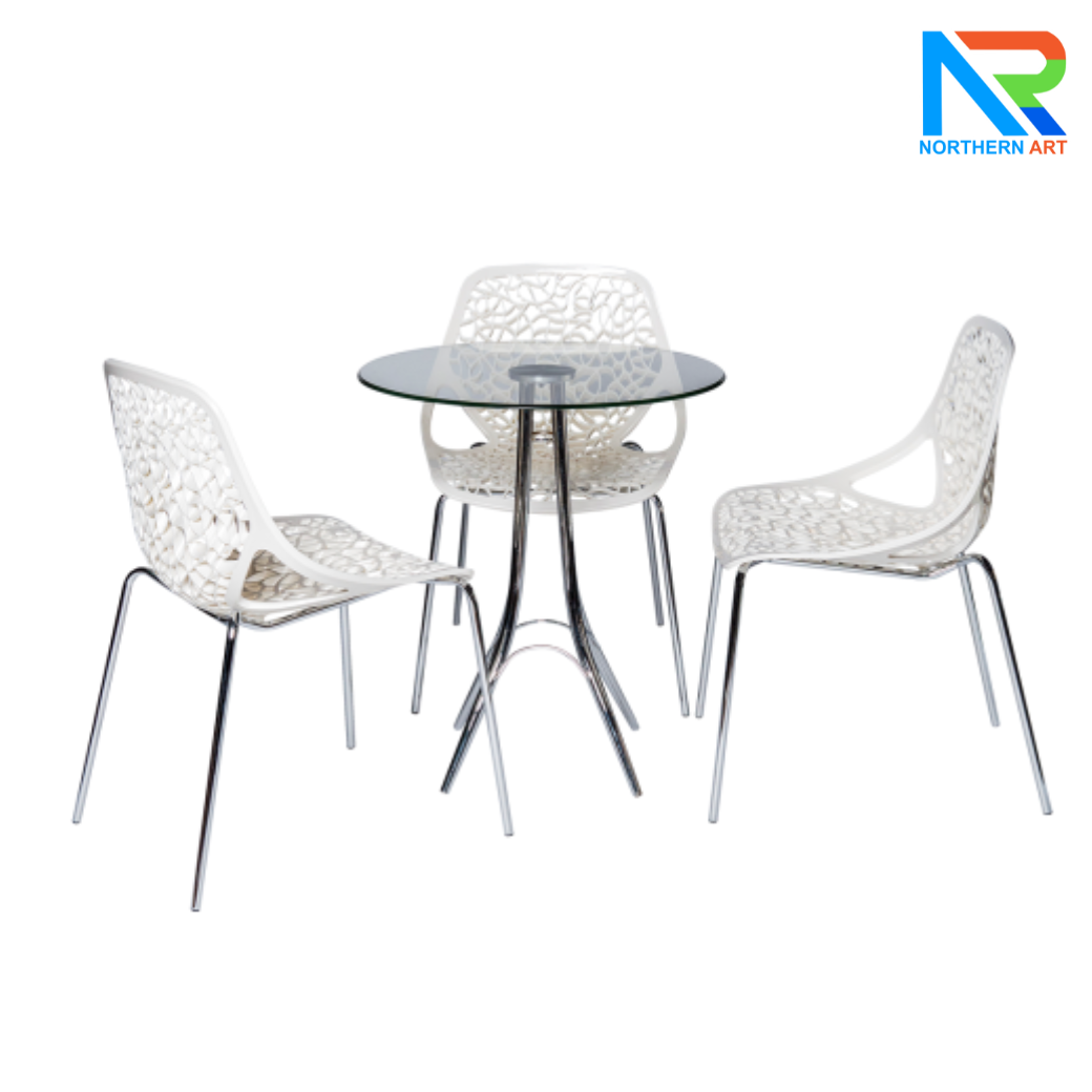 เช่าชุดโต๊ะบาร์ Top กระจกกลม ขาเหล็กชุบโครเมี่ยม พร้อมเก้าอี้ 3 ตัว (เก้าอี้มีหลายแบบให้เลือก)