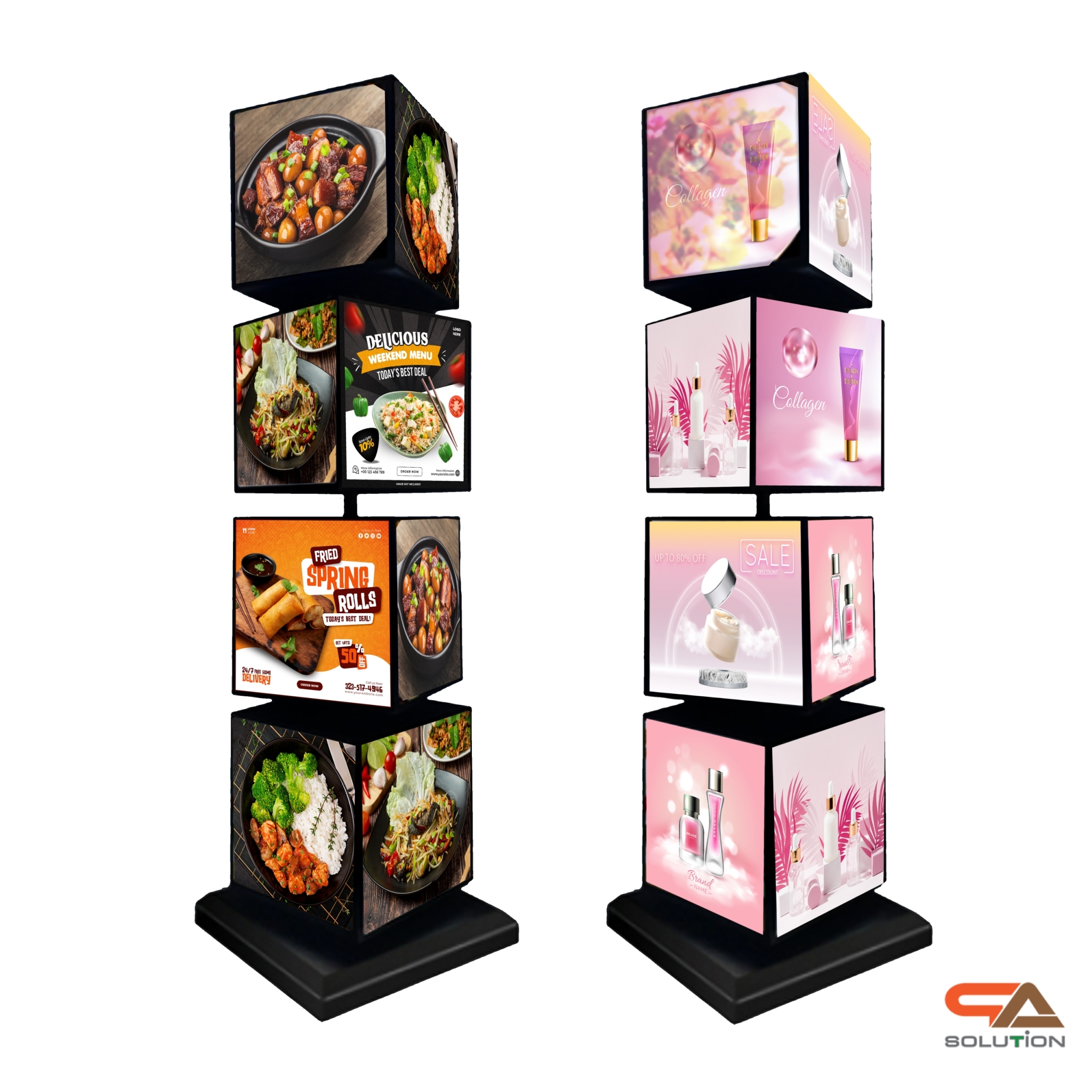 เช่าตู้ไฟLEDตั้งพื้น หมุนได้360องศา ทรงลูกเต๋า 4 ชั้น ขนาด (W)30 x (D)30 x (H)150 ซม. โชว์งานพิมพ์ 4 ด้าน ไว้ภายนอกอาคารได้