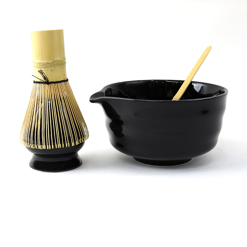Japanese green tea (matcha) making set, mixing bowl with pouring spout, black