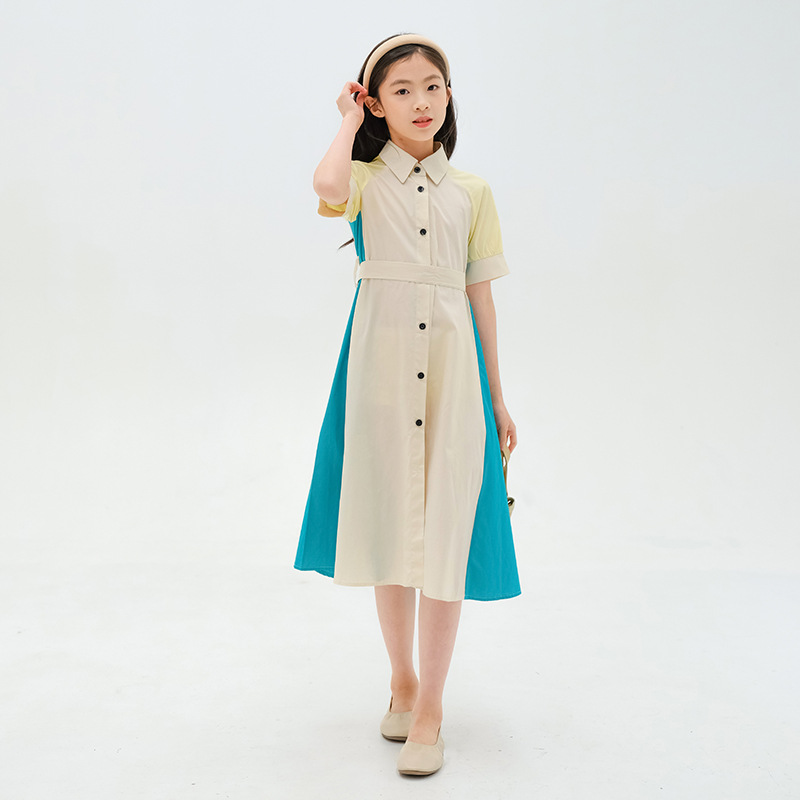 เดรสแขนตุ๊กตา 3 โทนสีมาพร้อมโบว์คาดเอว