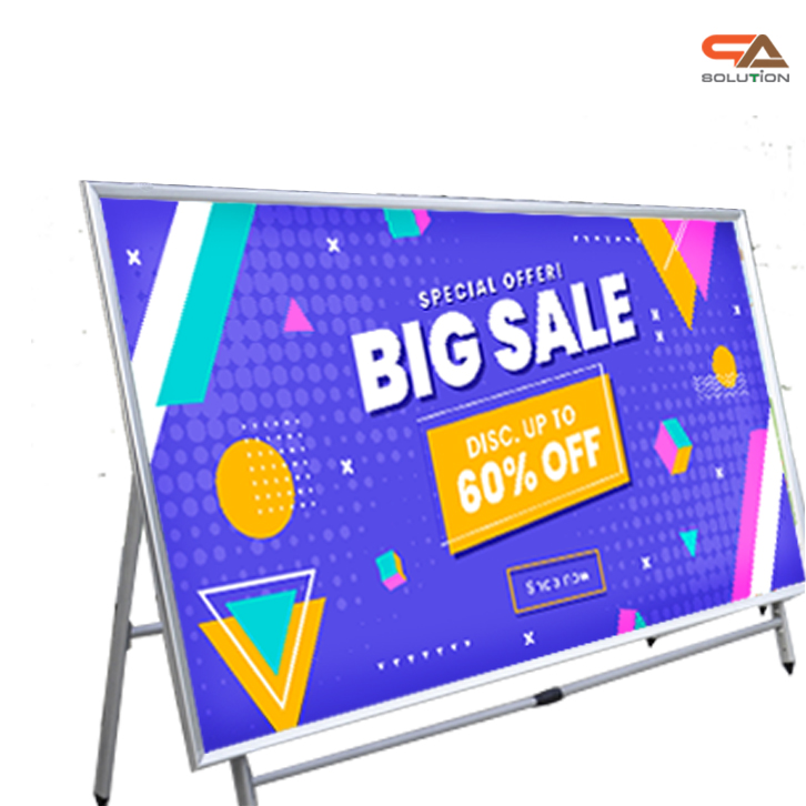 ขาตั้งป้าย ปรับขนาดได้ วัสดุอะลูมิเนียม ถอดประกอบได้ เคลื่อนย้ายสะดวก รองรับขนาดงานพิมพ์ (W) 120-240 x (H) 60-145 cm.