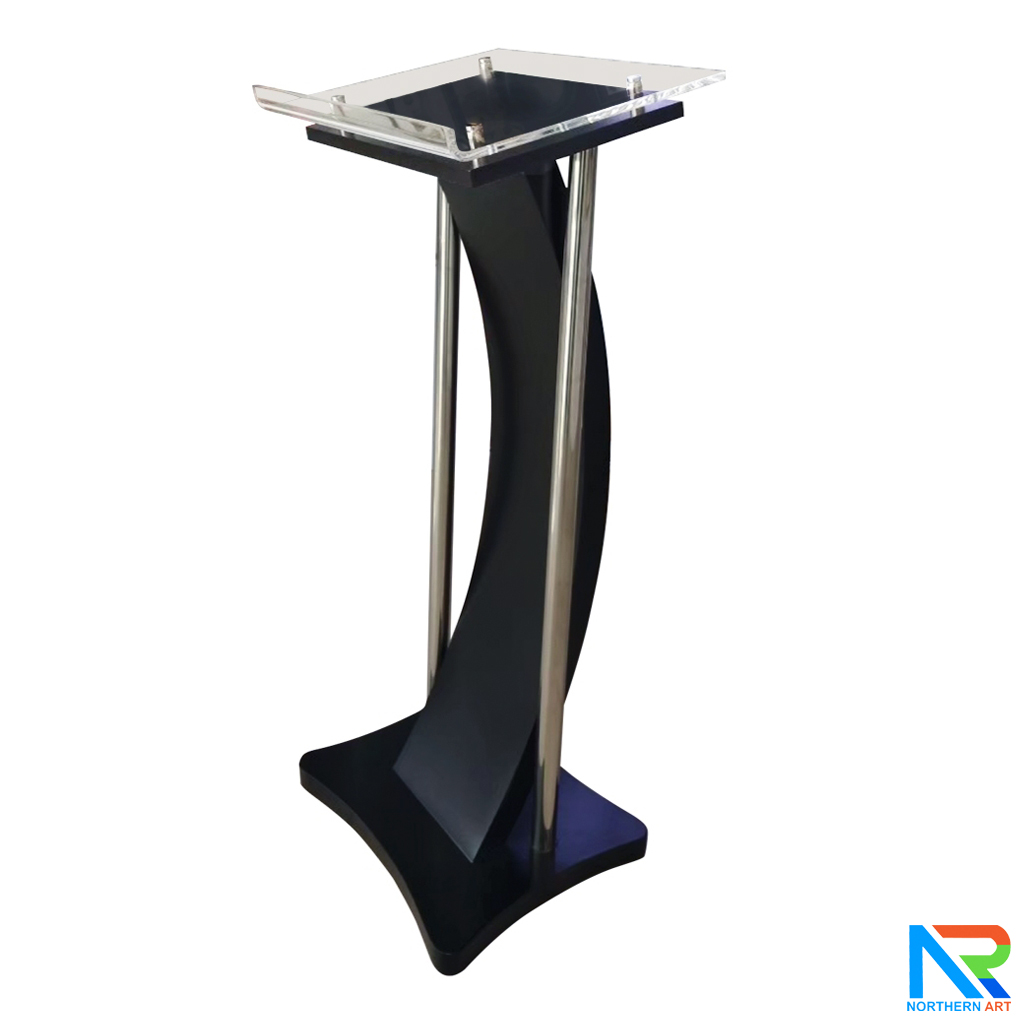 โพเดียมไม้ สีดำ ขนาด (W) 50 x (L) 40 x (H) 120 cm. พร้อมเสาสแตนเลสคู่ TOP เอียง อะคริลิคใส ติดหมุด