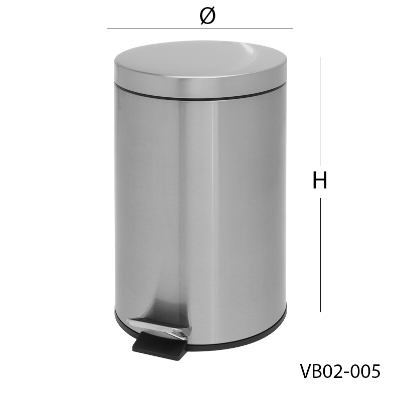 Stainless steel trash can, foot pedal type, round shape, 12 liters