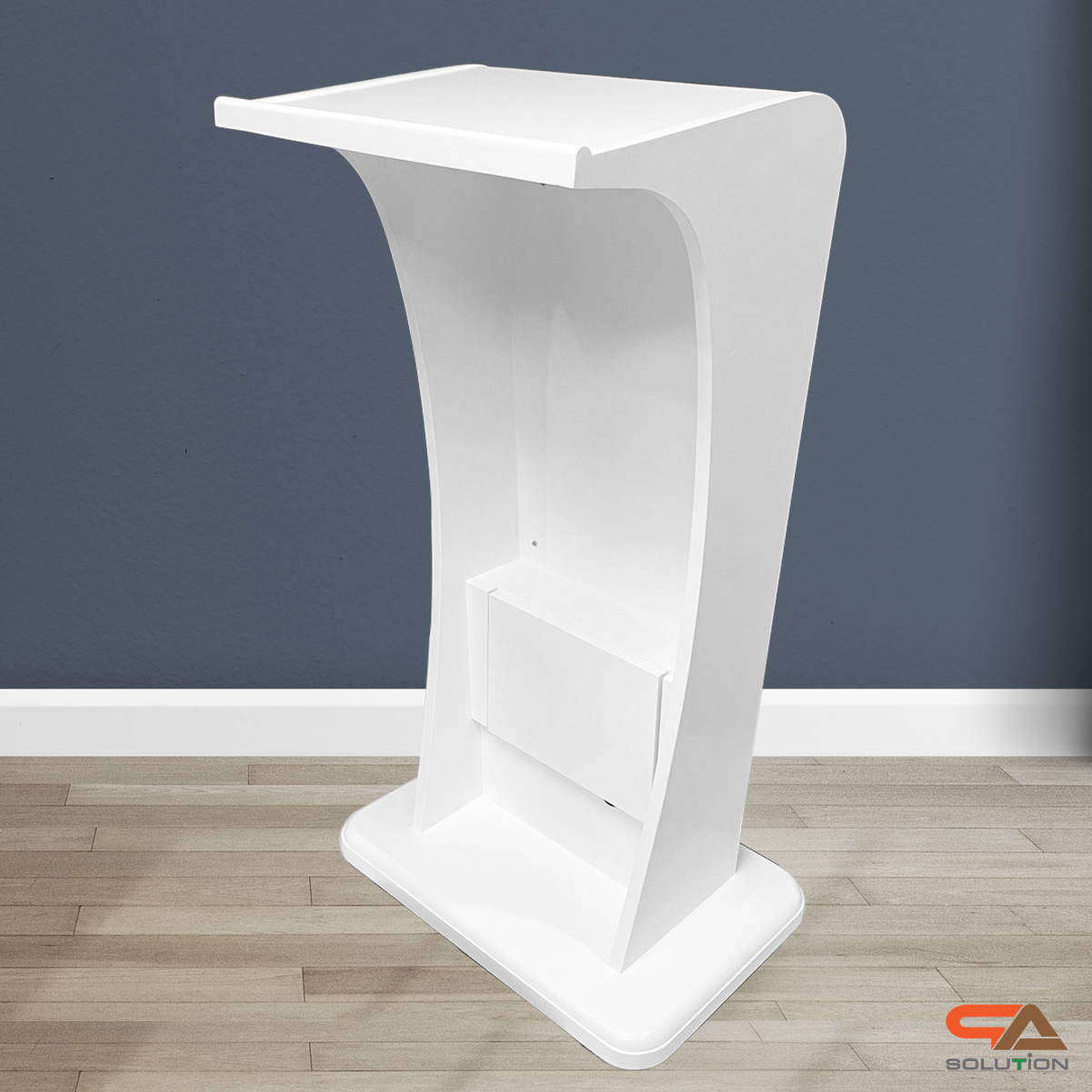 โพเดียมไม้ LED สีขาว ขนาด (W)55 x (L)45 x (H)112 cm. พร้อม LED CRYSTAL FRAME ด้านหน้า