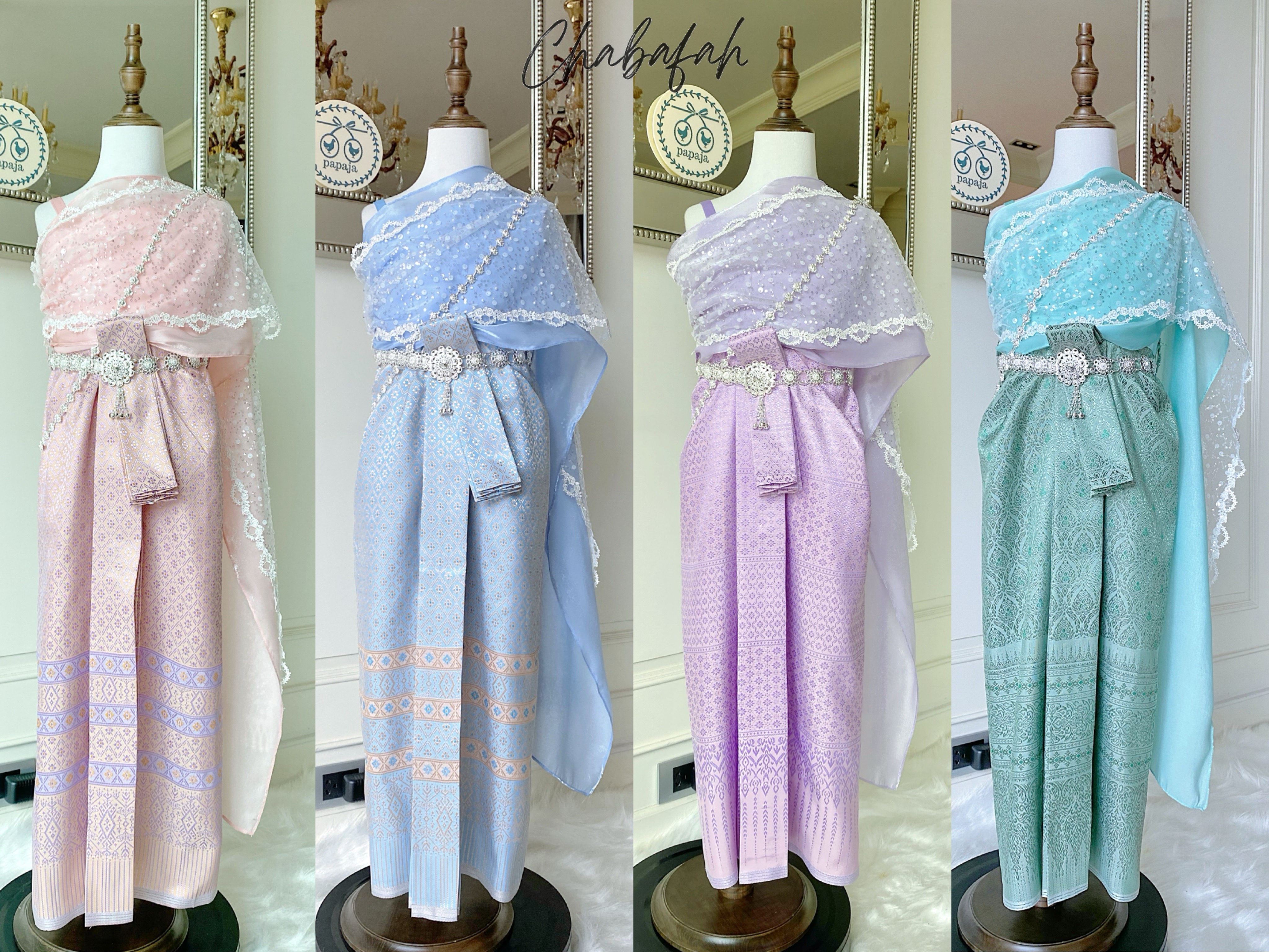 เดรสชุดไทยสไบเฉียง สีเขียวมิ้นท์ แบรนด์ Chabafah พร้อมเครื่องประดับ 3 ชิ้น