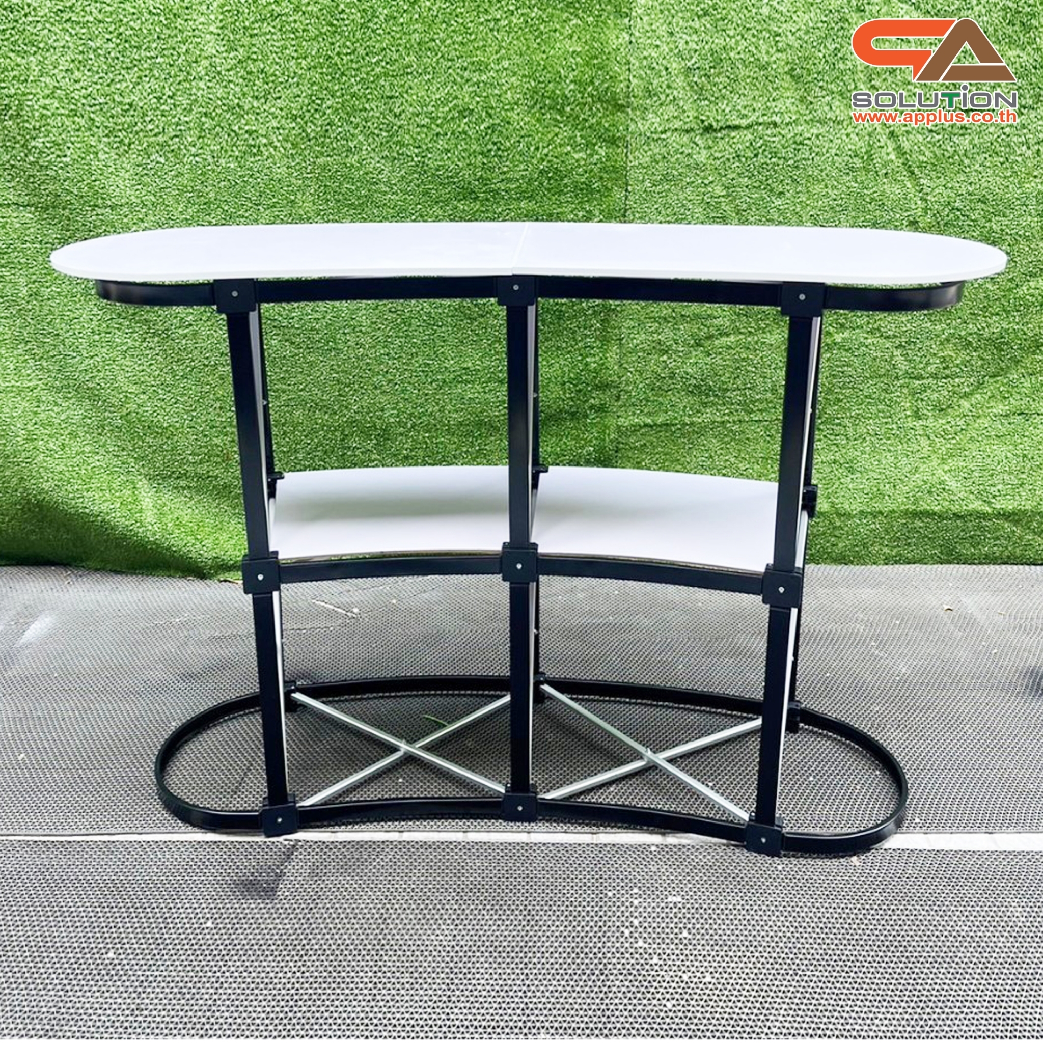 เคาน์เตอร์ออกบูธ รุ่นโค้ง TOPสีขาว มีชั้นวาง ขนาด (W)131 x (D)39 x (H) 87 cm.โครงอะลูมิเนียม พับเก็บได้ เคลื่อนย้ายสะดวก