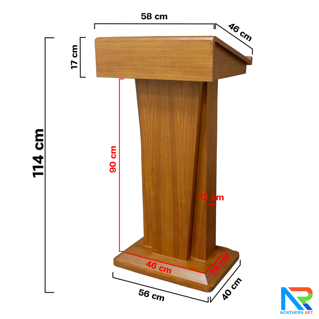 โพเดียมไม้ สีสัก ทรงโมเดิร์น TOP เอียง ขนาด (W)58 x (L)46 cm. สูง 114 cm. พร้อมตู้ใส่ของ มีกุญแจล็อค