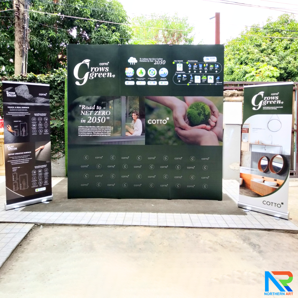 BACK DROP SET ชุดฉากแบคดรอป สำหรับจัดบูธ ประกอบด้วย แบคดรอป รุ่นเหลี่ยม แบบตรง + โรลอัพเกรดเอ