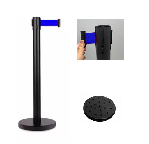 เสากั้นบริเขต เหล็กสีดำ พร้อมสายผ้าดึงกลับอัตโนมัติสีน้ำเงิน