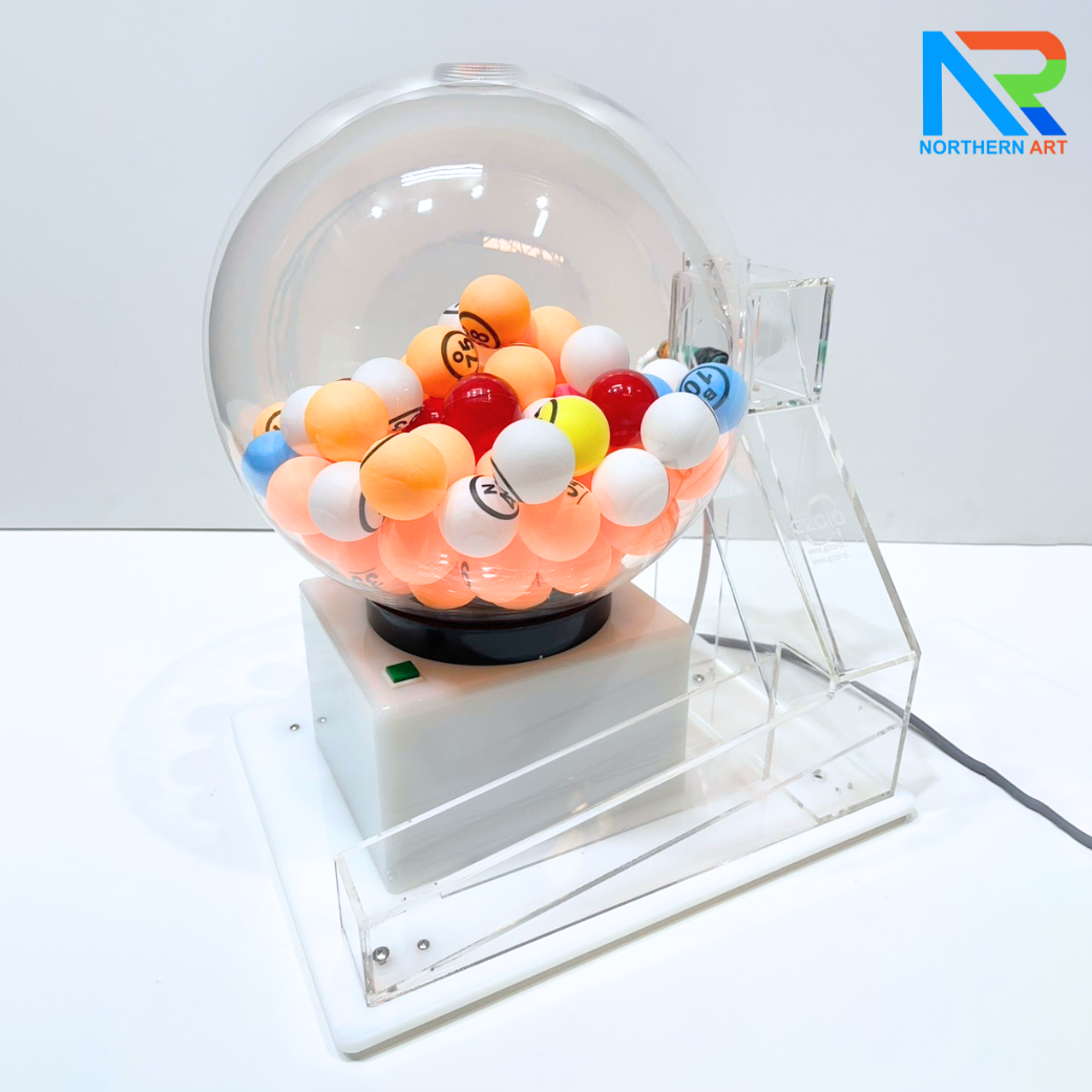 เกมส์จับฉลากไฟฟ้าทรงกลม ตั้งโต๊ะ ขนาด (W)35 X (L)30 X (H)45 cm. ตัวเกมส์หมุนเองอัตโนมัติ พร้อมระบบเซ็นเซอร์จับลูกบอล