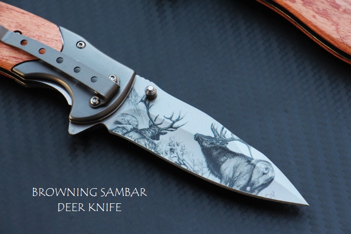 มีดพับด้ามไม้ลายเขากวาง BROWNING SAMBAR DEER KNIFE.