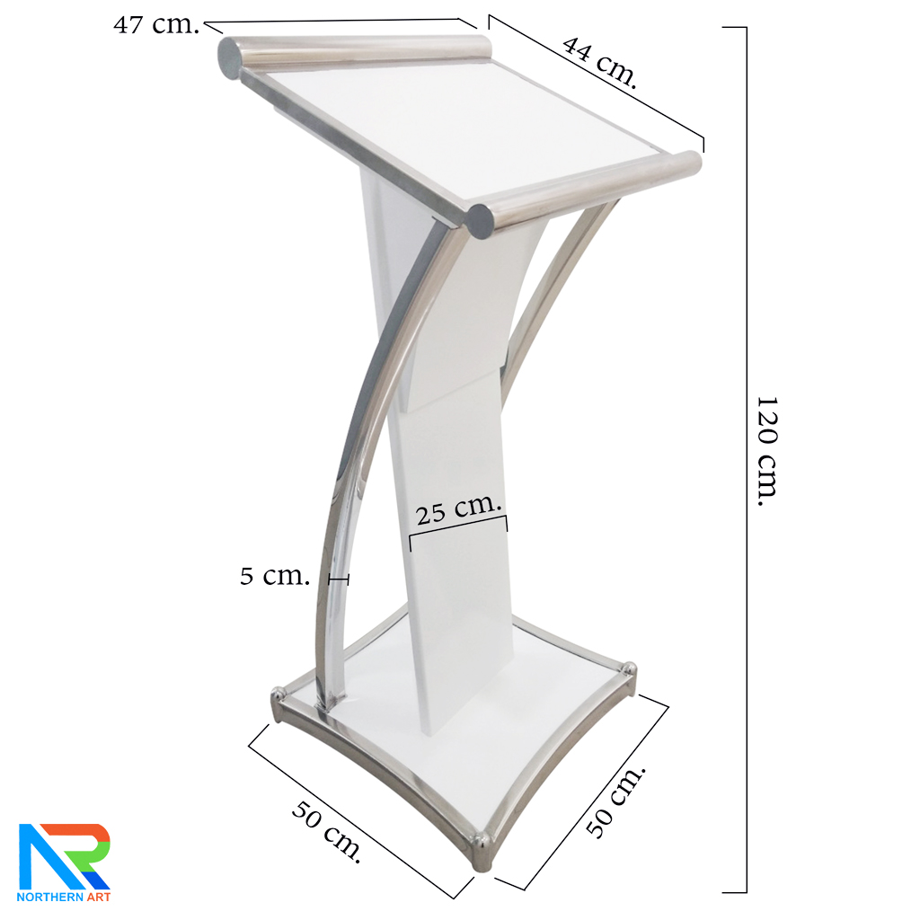 โพเดียมไม้สีขาว ตกแต่งสแตนเลส เกรด304 ขนาด (W) 47 x (D) 44 x (H)120 cm.