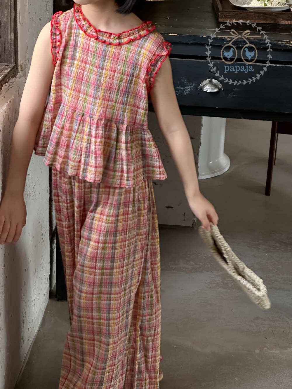 เซตเสื้อแขนกุด+กางเกงขายาวลายสก็อตสีโทนแดง