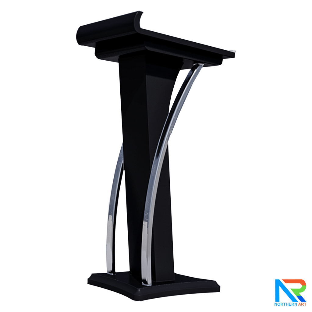 โพเดียมไม้ สีดำ ตกแต่งสแตนเลสเกรด304 ขนาด (W) 55 x (L) 50 x (H) 120 cm.