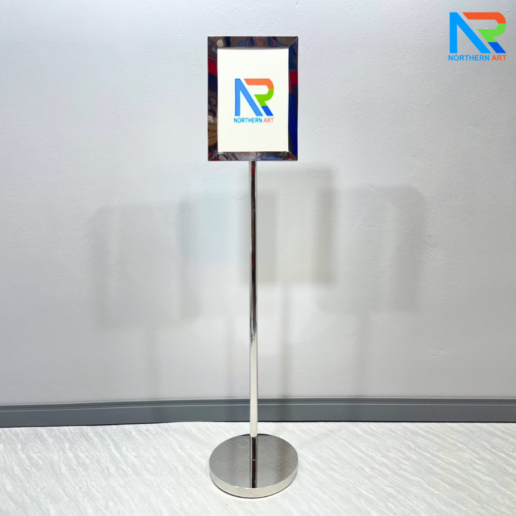 โปสเตอร์สแตนด์ สแตนเลส 304 ขนาด A4 ฐานกลม โชว์ภาพ2ด้าน พร้อมอะคริลิคใส 2 แผ่นประกบ