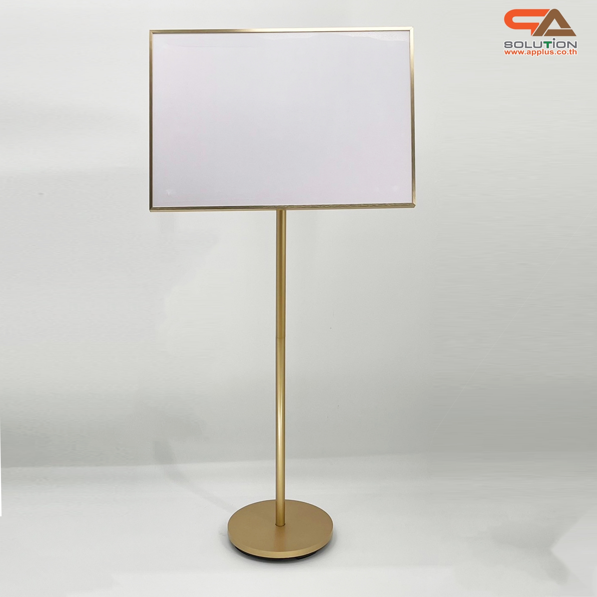 โปสเตอร์สแตนด์ ขนาด 40x60 cm. สีทอง ฐานกลม เสาเดี่ยว สอดภาพจากด้านข้าง เปลี่ยนมุมเอน ปรับแนวตั้ง-แนวนอนได้