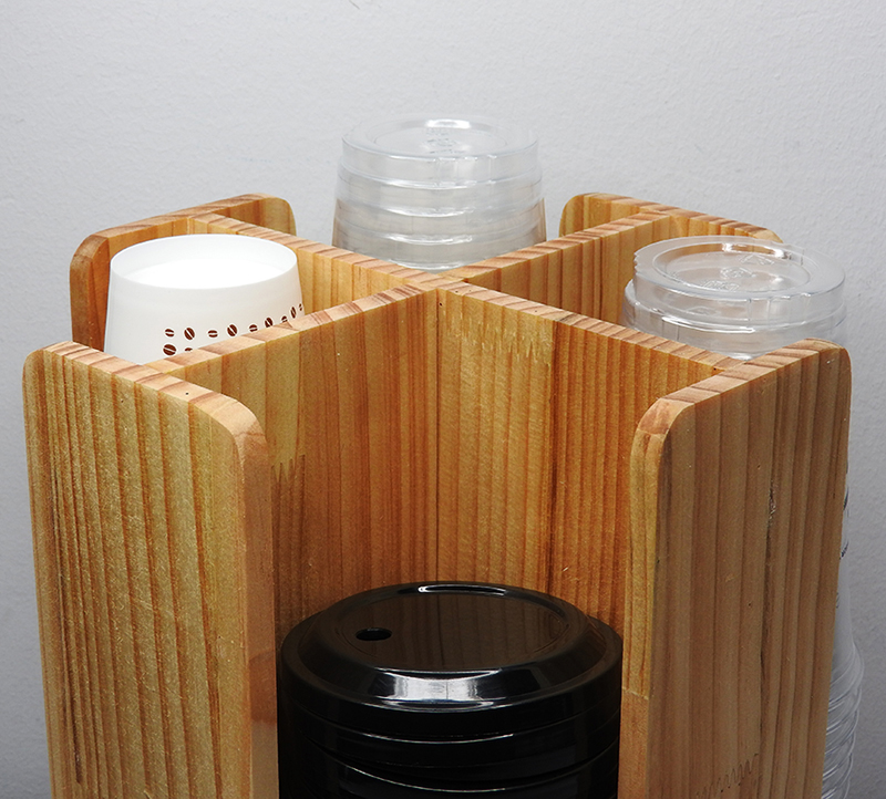 ที่ใส่แก้วกาแฟ กล่องจ่ายแก้ว ที่วางแก้วเครื่องดื่ม ไม้สีน้ำตาล 4 ช่อง ฐานตั้ง หมุนได้ 360 องศา