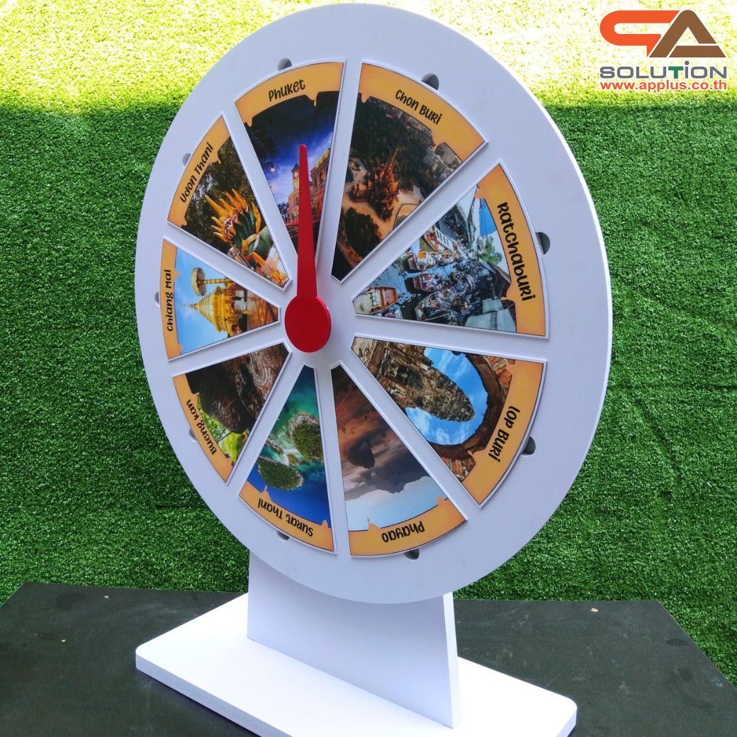 เกมส์วงล้อแม่เหล็กตั้งโต๊ะ ขนาดวงล้อ 50 ซม. สูง 61 ซม. วัสดุพลาสวูดสีขาว หนา 8-15 มม. ถอดประกอบได้