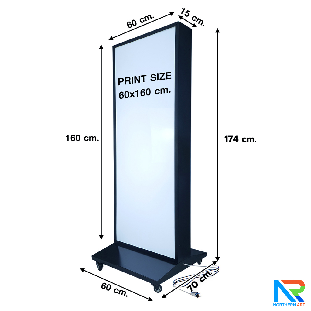 ตู้ไฟ LED ตั้งพื้น ฐานSLOPE ขนาด 60x160 ซม.โครงเหล็กพร้อมแผ่นซิงค์ สีดำ แผ่นอะคริลิค 2 แผ่น โชว์งานพิมพ์ 2 ด้าน มีล้อเลื่อน เคลื่อนย้ายสะดวก