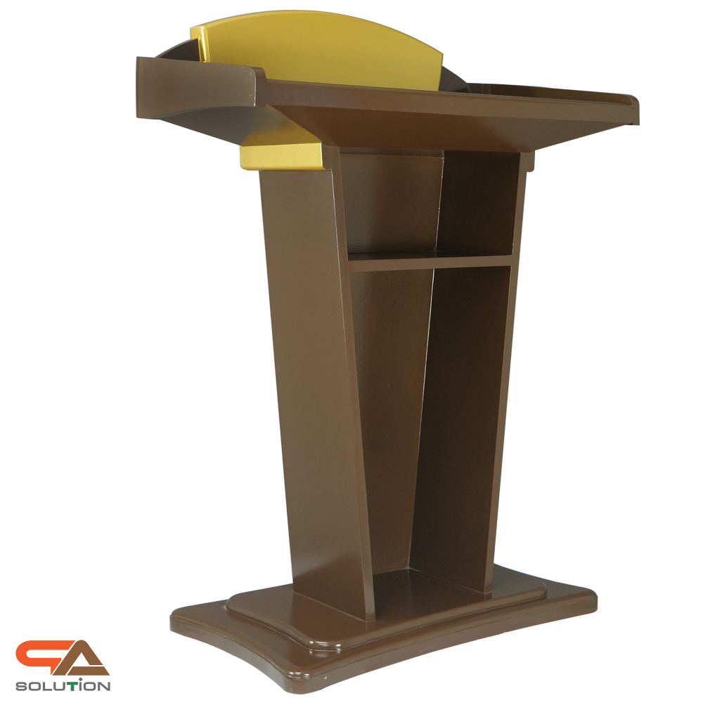 CLEARANCE SALE! โพเดียมไม้สีโอ๊คและสีทอง รุ่น PD-07 ขนาดTOP 90 x 46 ซม.สูง 120 ซม. พร้อมชั้นวางของ