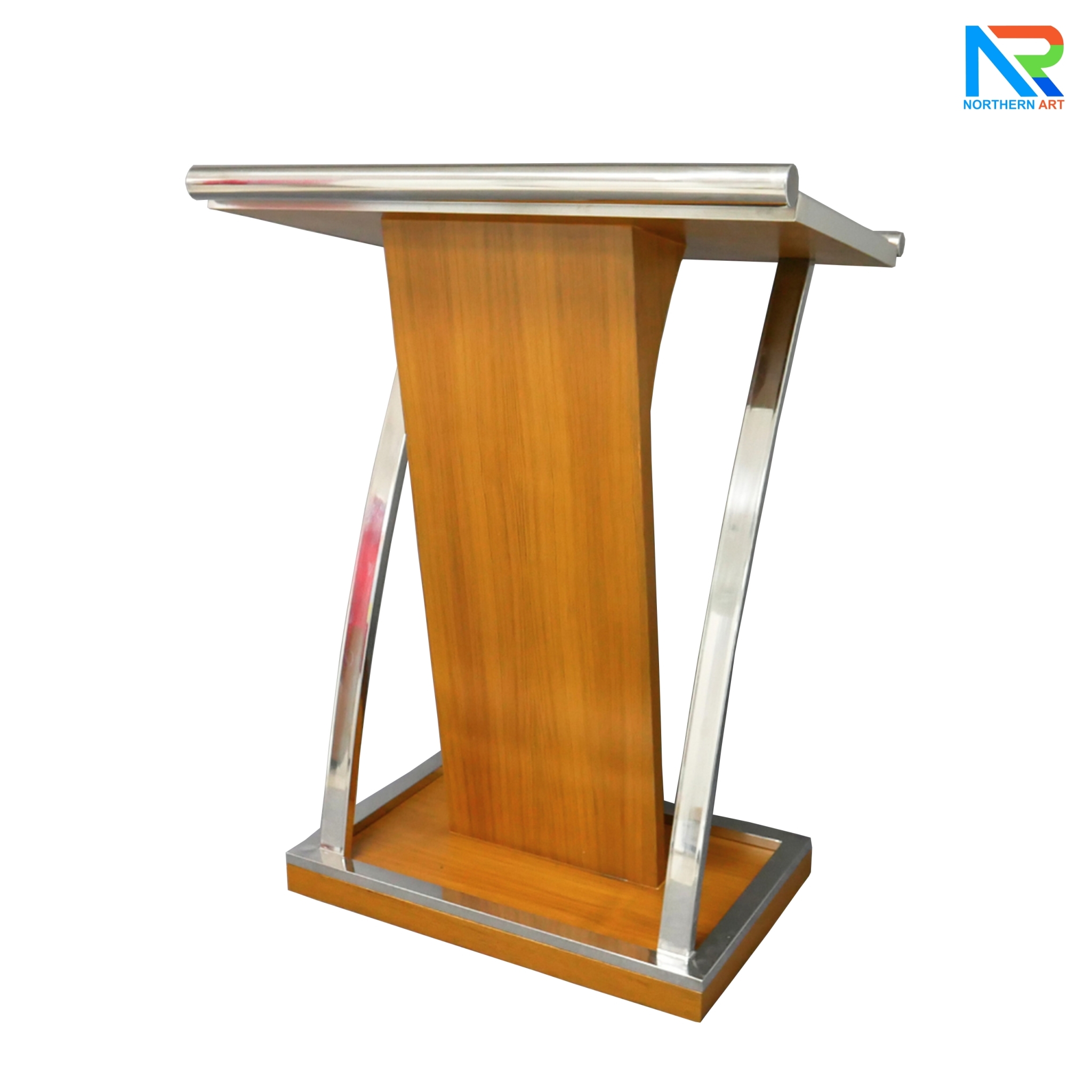 โพเดียมไม้ยืนคู่ Top หุ้มสแตนเลสยืนคู่ สีสัก ขนาด (W) 90x (L) 59 x (H) 120 cm. พร้อมตกแต่งเสาโค้งสแตนเลสเกรด304