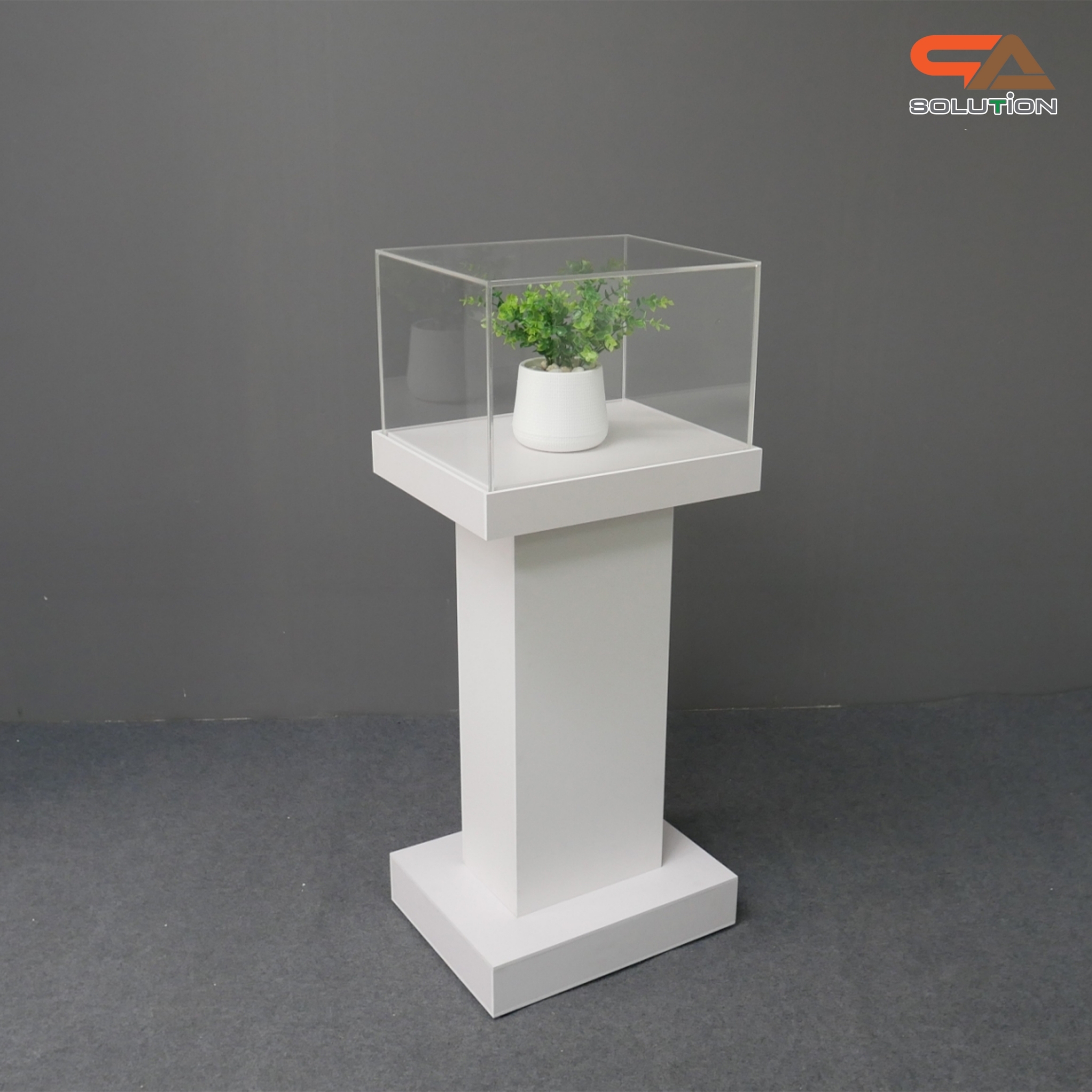 แท่นโชว์สินค้า ดีสเพลย์โชว์สินค้า สีขาว ขนาด (W)50 x (L)40 x (H)119 cm. ด้านบนครอบด้วยอะคริลิคใส4ด้าน