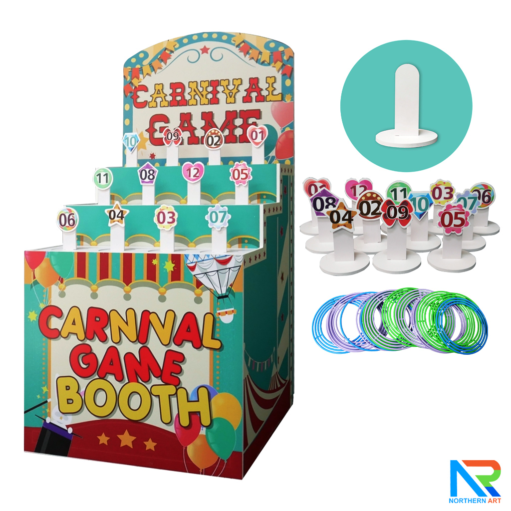 เช่าตู้เกมส์โยนห่วง พร้อมแท่นตั้ง12 อัน ขนาด (W) 80 x (L)76 x (H)163 cm. และห่วง 36 อัน (คละสี คละขนาด) พร้อมงานพิมพ์