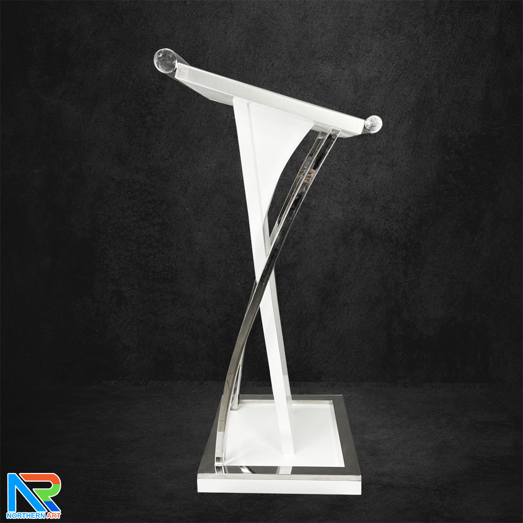 โพเดียมไม้จริง สีขาว PD-01 ขนาด (W) 48x (L) 51 (H) 120 cm Top หุ้มสแตนเลส เกรด 304 พร้อมตกแต่งเสาโค้งสแตนเลส