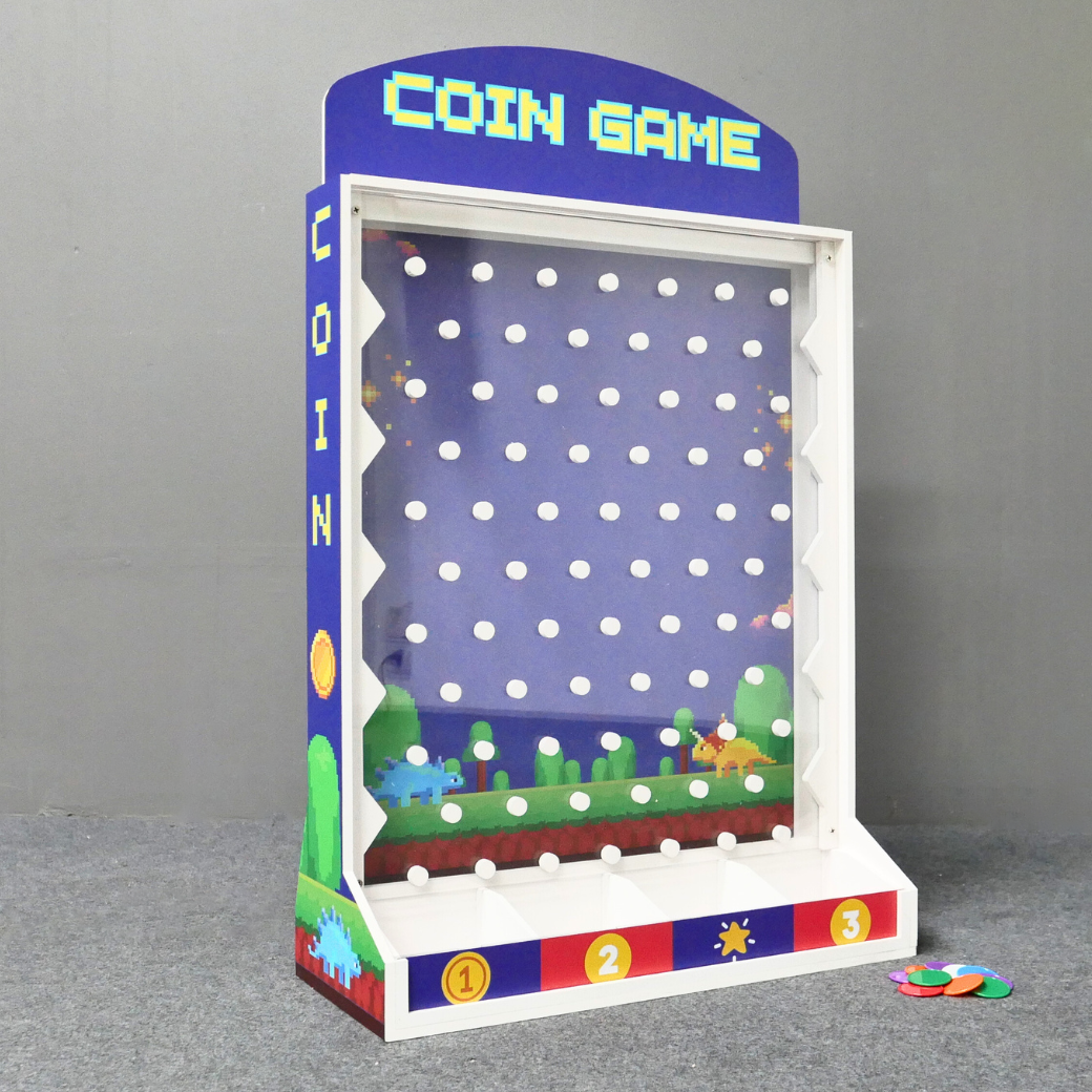 เช่าเกมส์หย่อนเหรียญตั้งโต๊ะ ขนาด (W)50 X (D)20 X (H)80 cm. วัสดุพลาสวูดหนา 8 มม. พร้อมเหรียญพลาสติกคละสี 10 เหรียญ