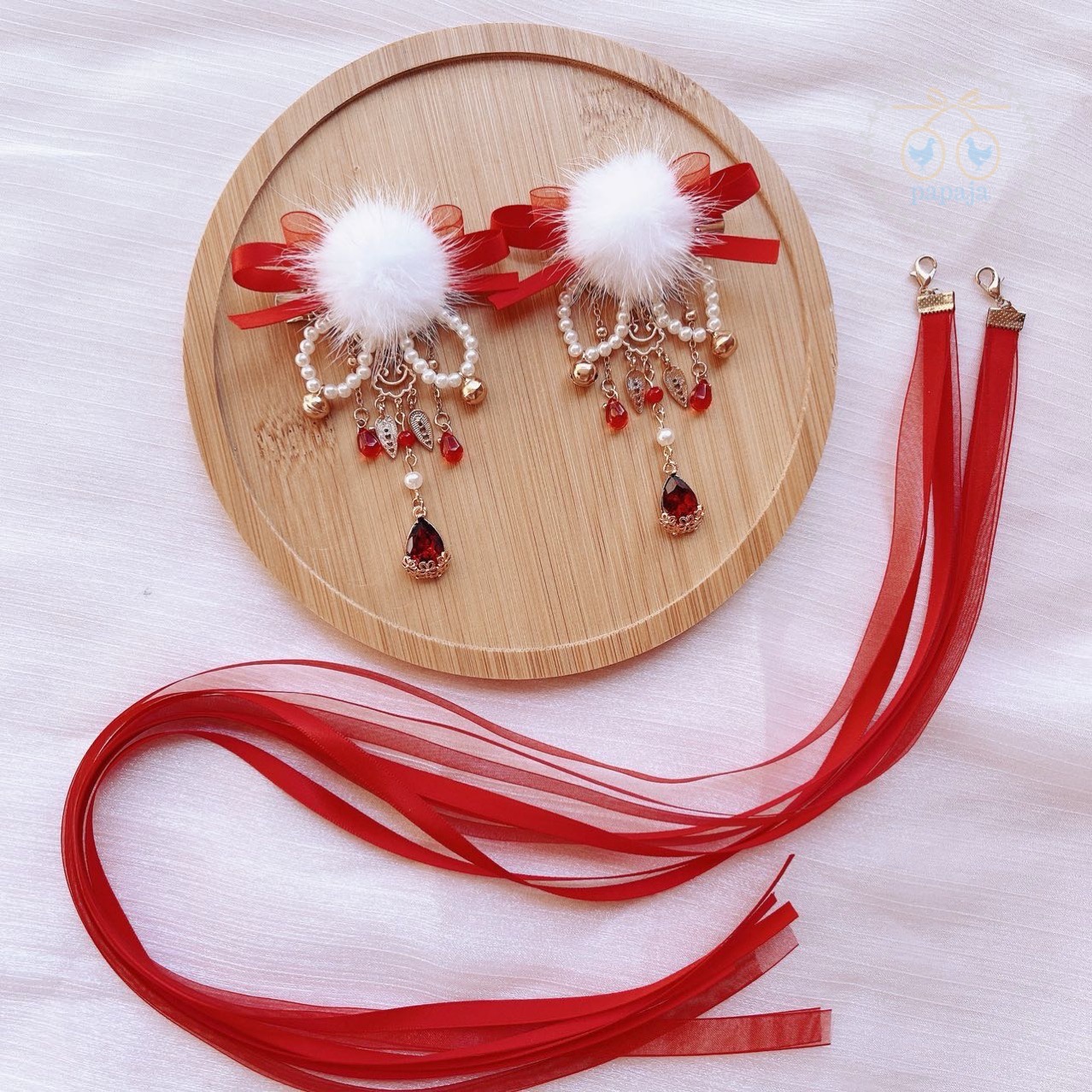 (No.195) ขายเป็นคู่ กิ๊ฟติดผมตรุษจีน มีริบบิ้นยาวสีแดงถอดออกได้