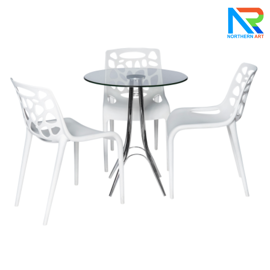 เช่าชุดโต๊ะบาร์ Top กระจกกลม ขาเหล็กชุบโครเมี่ยม พร้อมเก้าอี้ 3 ตัว (เก้าอี้มีหลายแบบให้เลือก)