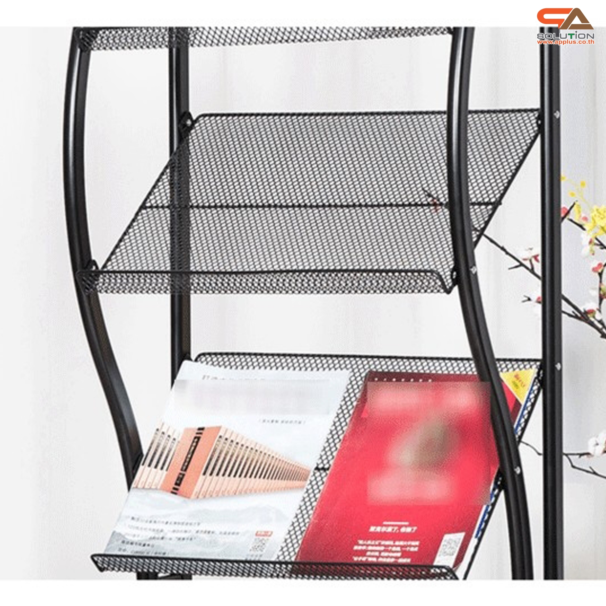 ชั้นวางโบรชัวร์เหล็กA4 สีดำ 4 ชั้น ทรง S ขนาด (W)31.5 X (L)31 X (H)149 cm. ถอดประกอบได้
