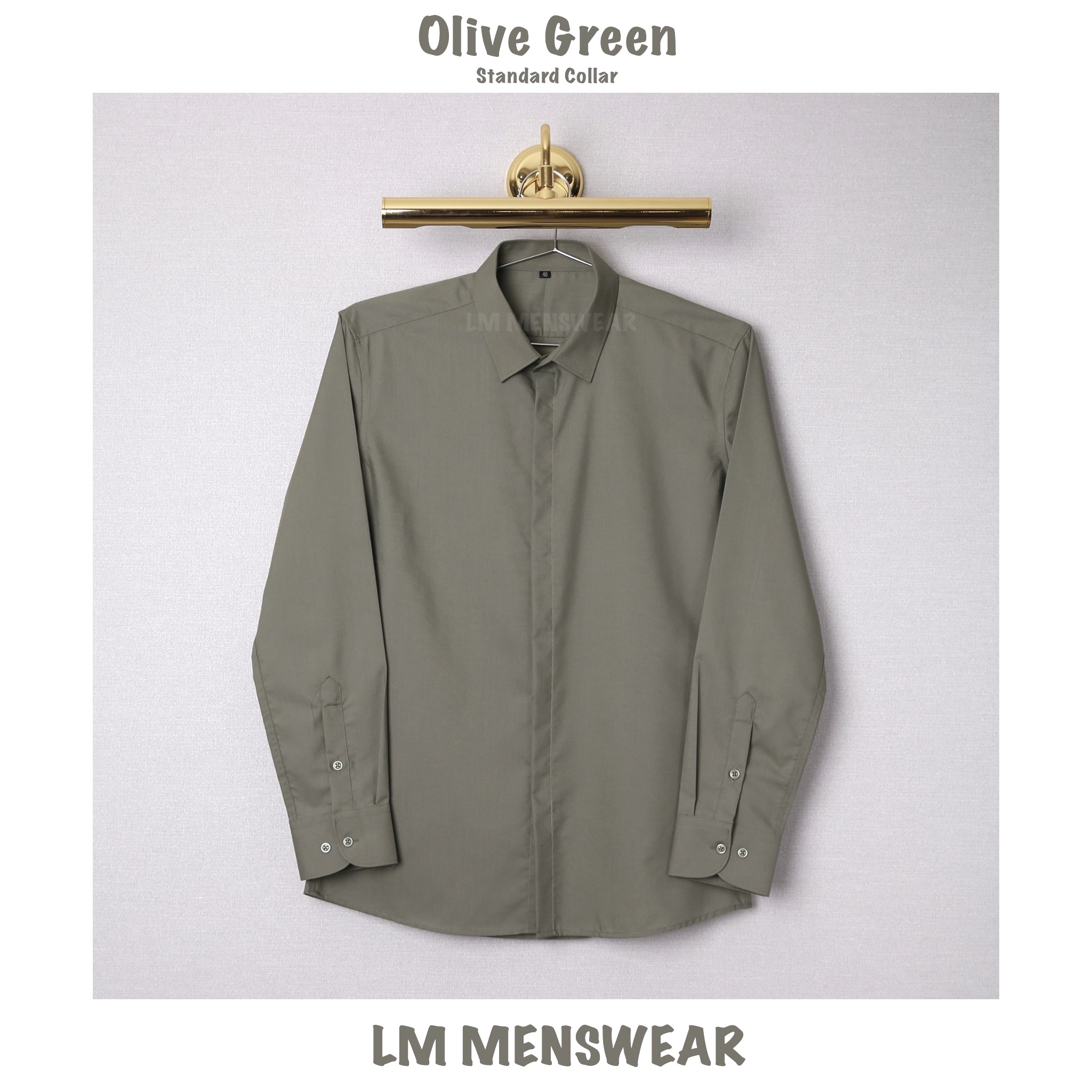 เสื้อเชิ้ตคอปกธรรมดา ซ่อนกระดุม สีเขียวมะกอก (Olive Green Shirt - Standard Collar - Hidden Button)