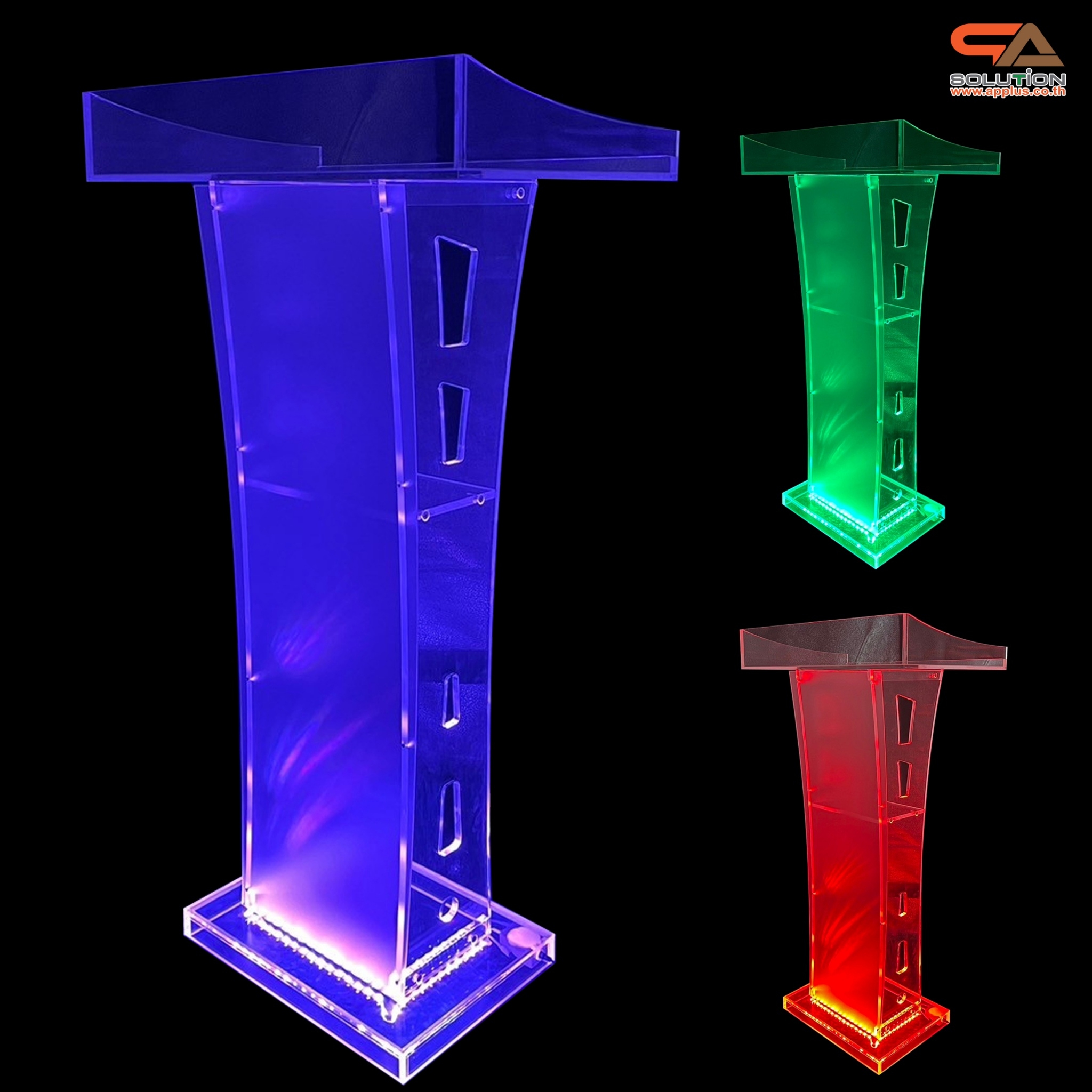 โพเดียมอะคริลิค เรืองแสงไฟ LED พร้อมรีโมทคอนโทรล รุ่น LED-03 ขนาด (W) 60 x (L) 40 x (H) 113 ซม.