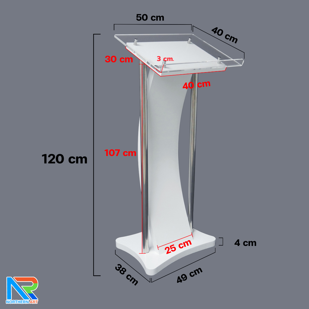 โพเดียมไม้ สีขาว ขนาด (W) 50 x (L) 40 x (H) 120 cm. พร้อมเสาสแตนเลสคู่ TOP เอียง อะคริลิคใส ติดหมุด