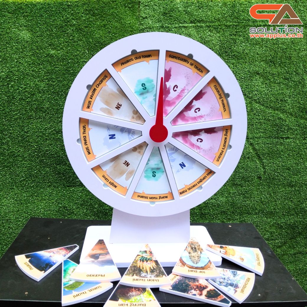 เกมส์วงล้อแม่เหล็กตั้งโต๊ะ ขนาดวงล้อ 50 ซม. สูง 61 ซม. วัสดุพลาสวูดสีขาว หนา 8-15 มม. ถอดประกอบได้