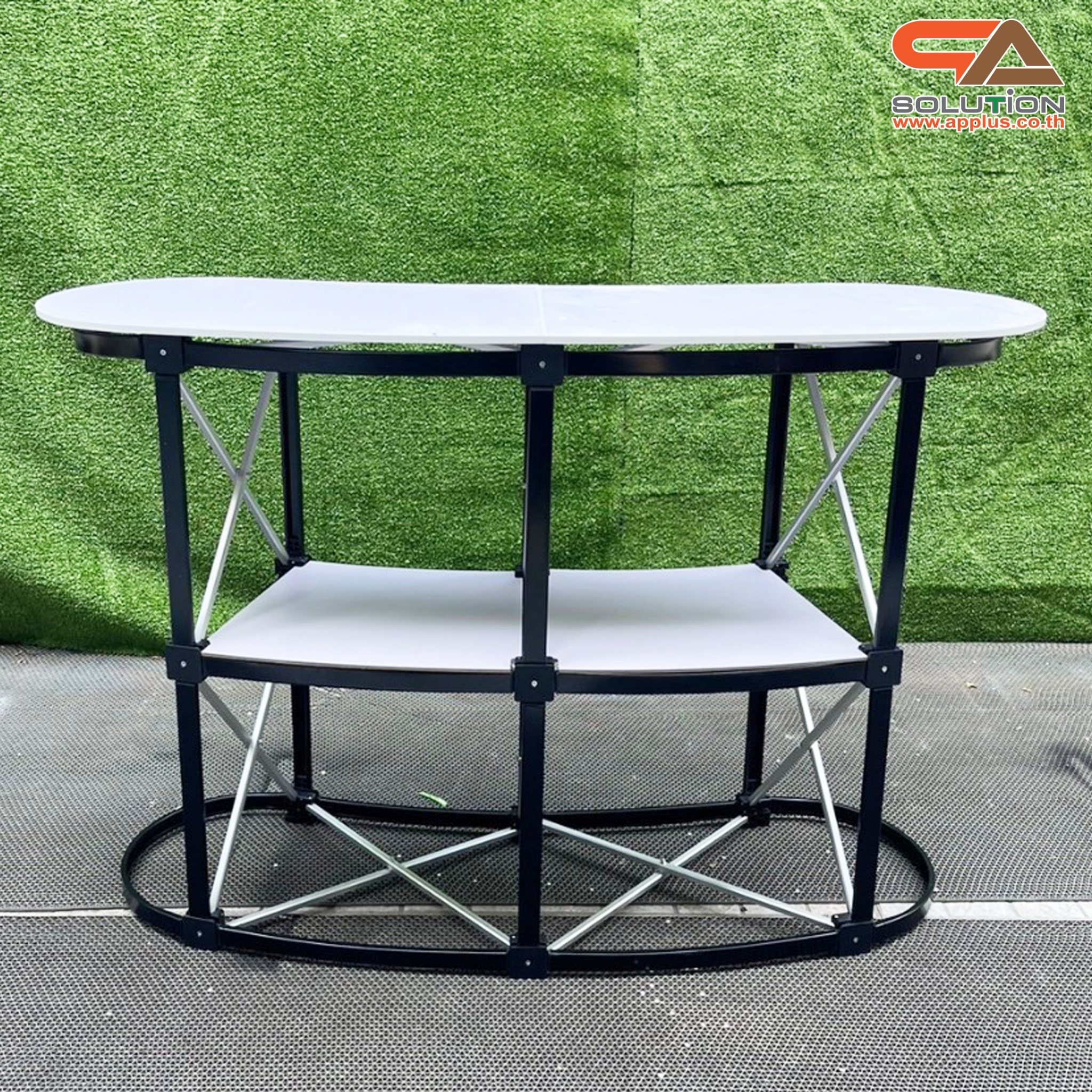 เคาน์เตอร์ออกบูธ รุ่นโค้ง TOPสีขาว มีชั้นวาง ขนาด (W)131 x (D)39 x (H) 87 cm.โครงอะลูมิเนียม พับเก็บได้ เคลื่อนย้ายสะดวก