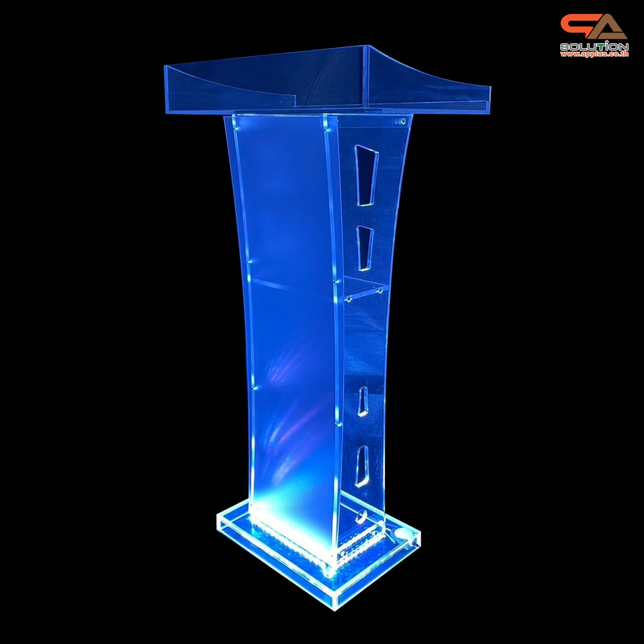 โพเดียมอะคริลิค เรืองแสงไฟ LED พร้อมรีโมทคอนโทรล รุ่น LED-03 ขนาด (W) 60 x (L) 40 x (H) 113 ซม.