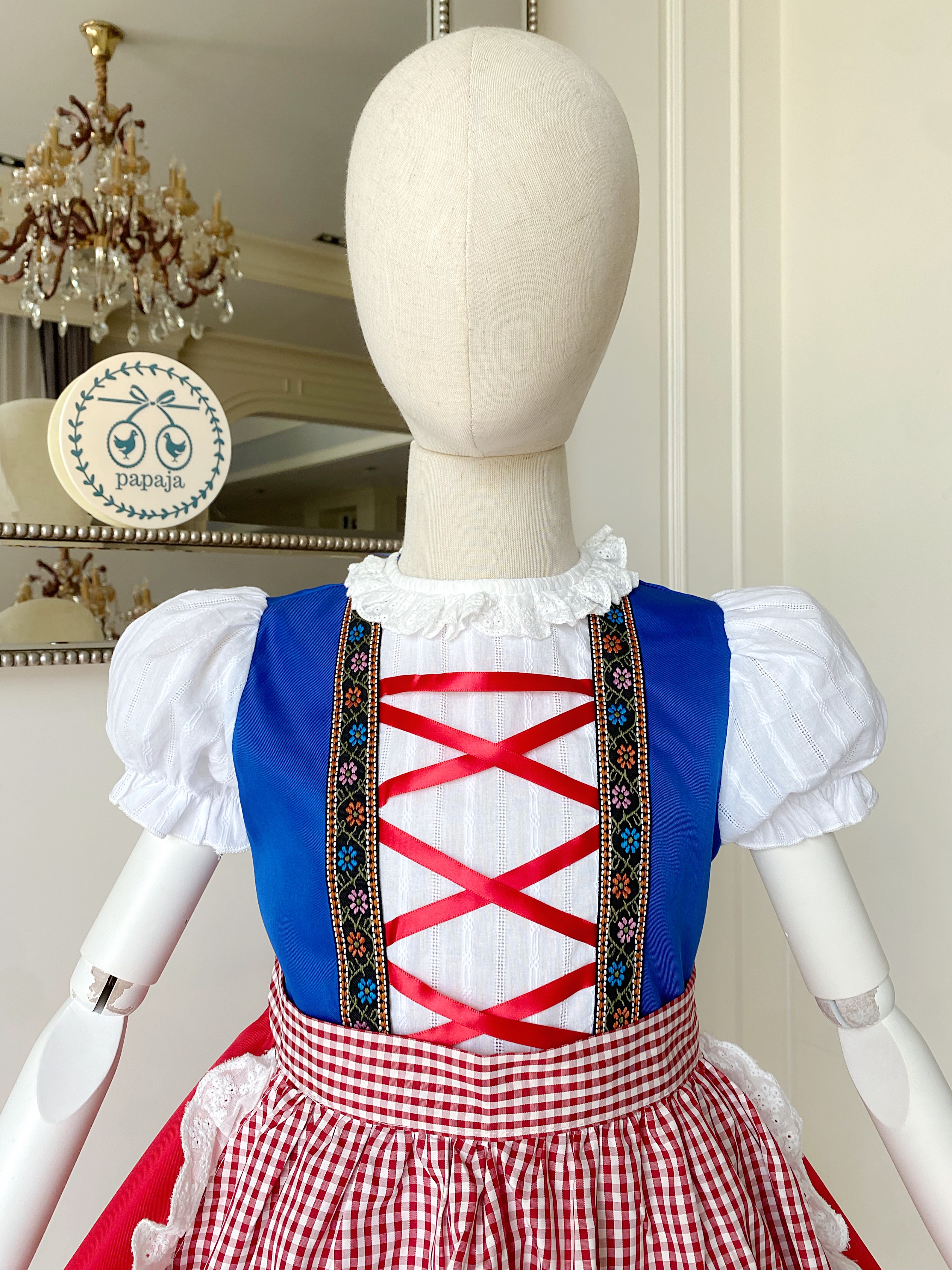 (เซต 3 ชิ้น) ชุดคอสเพลย์ ชุดประจำชาติเยอรมัน (German) เด็กหญิงโทนแดงน้ำเงิน (ชุด+ถุงเท้า+ผ้ากันเปื้อน)