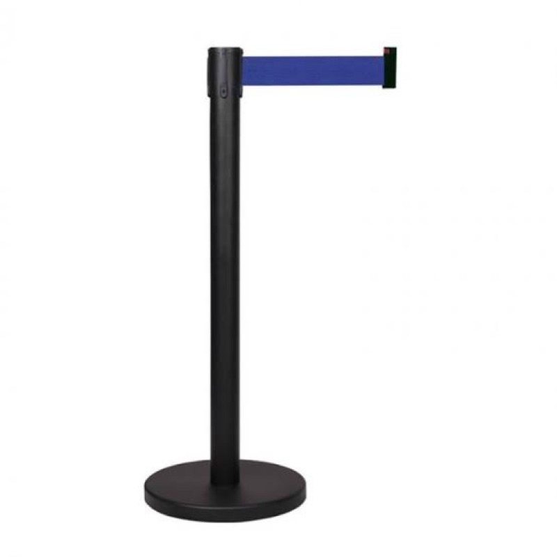 เสากั้นบริเขต เหล็กสีดำ พร้อมสายผ้าดึงกลับอัตโนมัติสีน้ำเงิน