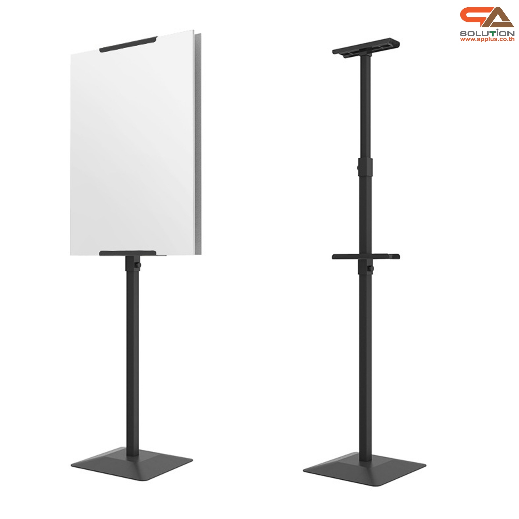 ขาตั้งโปสเตอร์เหล็ก แบบตรง ฐานพลาสติก-ขึ้นรูป เสริมแผ่นยางถ่วงน้ำหนัก โชว์งานพิมพ์ 2 ด้าน ปรับระดับได้ ถอดประกอบเคลื่อนย้ายสะดวก