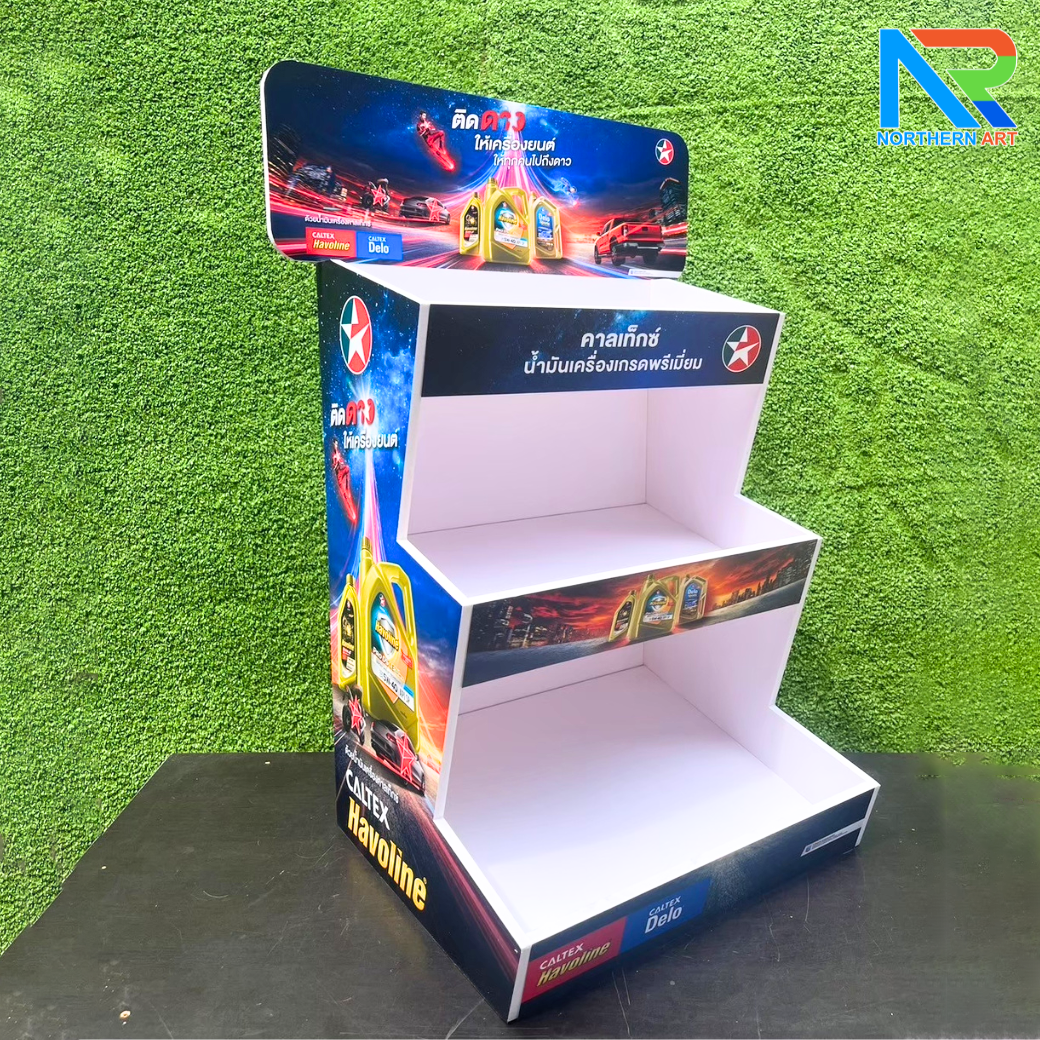 ชั้นวางสินค้าตั้งโต๊ะ TB12 พร้อมชั้นวาง 3 ชั้น ขนาด(W)35 x (D)30 x (H)65 ซม. วัสดุพลาสวูดหนา 8 มม.พร้อมงานพิมพ์