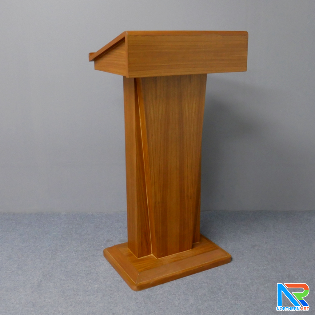 โพเดียมไม้ สีสัก ทรงโมเดิร์น TOP เอียง ขนาด (W)58 x (L)46 cm. สูง 114 cm. พร้อมตู้ใส่ของ มีกุญแจล็อค