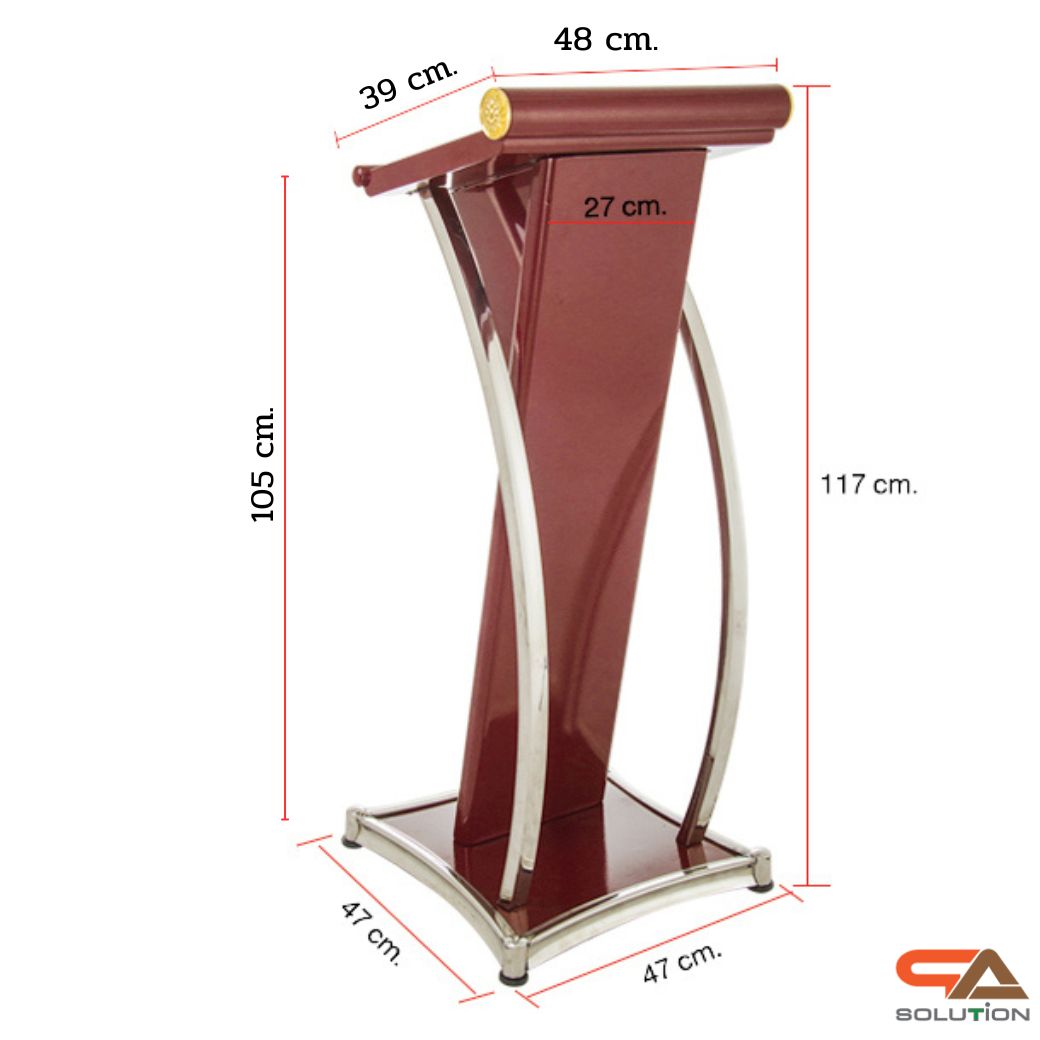 โพเดียมเหล็ก สีโอ๊คแดง ตกแต่งเสาโค้งสแตนเลสสีเงิน ขนาดTOP (W)48 x (L)39 สูง 117 cm.