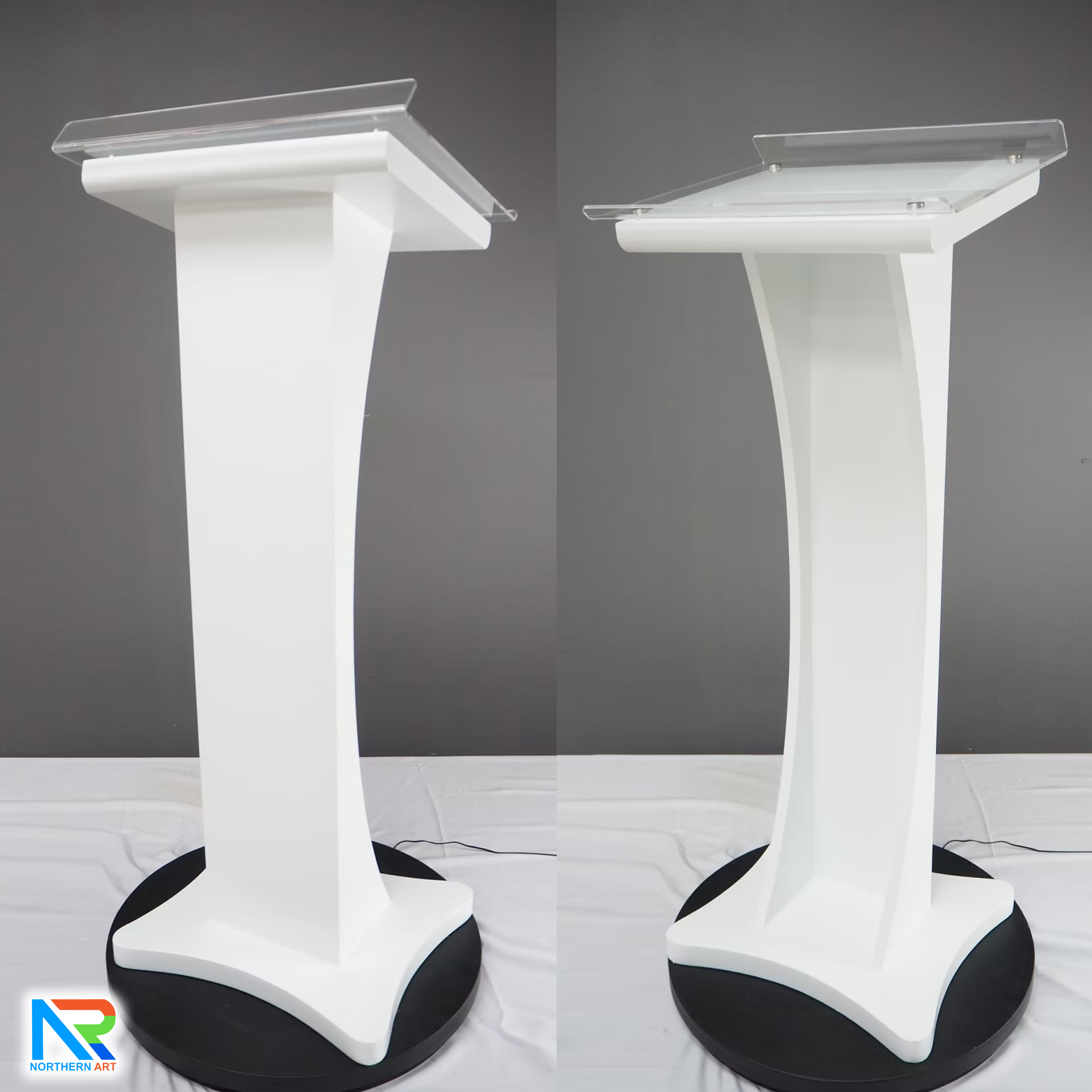โพเดียมไม้ สีขาว ขนาด (W) 48 x (L) 40 x (H) 120 cm. Top อะะคริลิคใสหนา 5 มม.พร้อมหมุดสแตนเลส